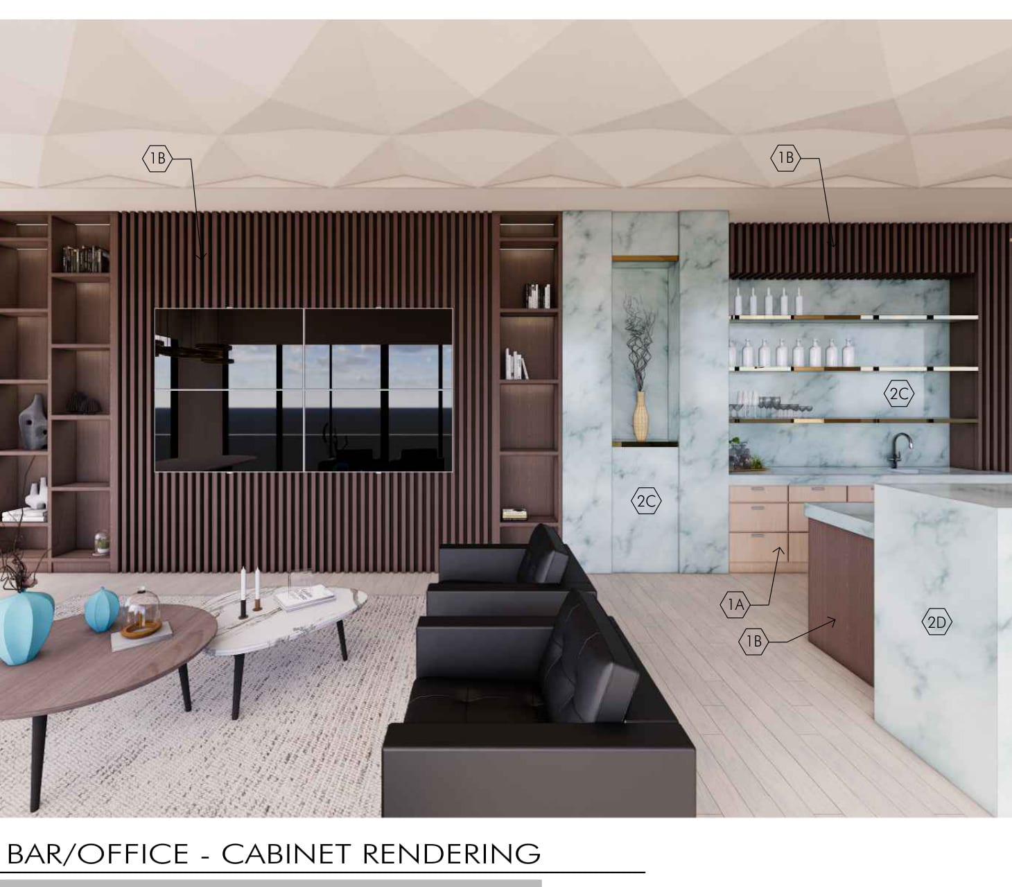 Architect's rendering of a bar and office: slatted wood wall panelling, fitted shelving either side of a screen, and a stone-topped bar