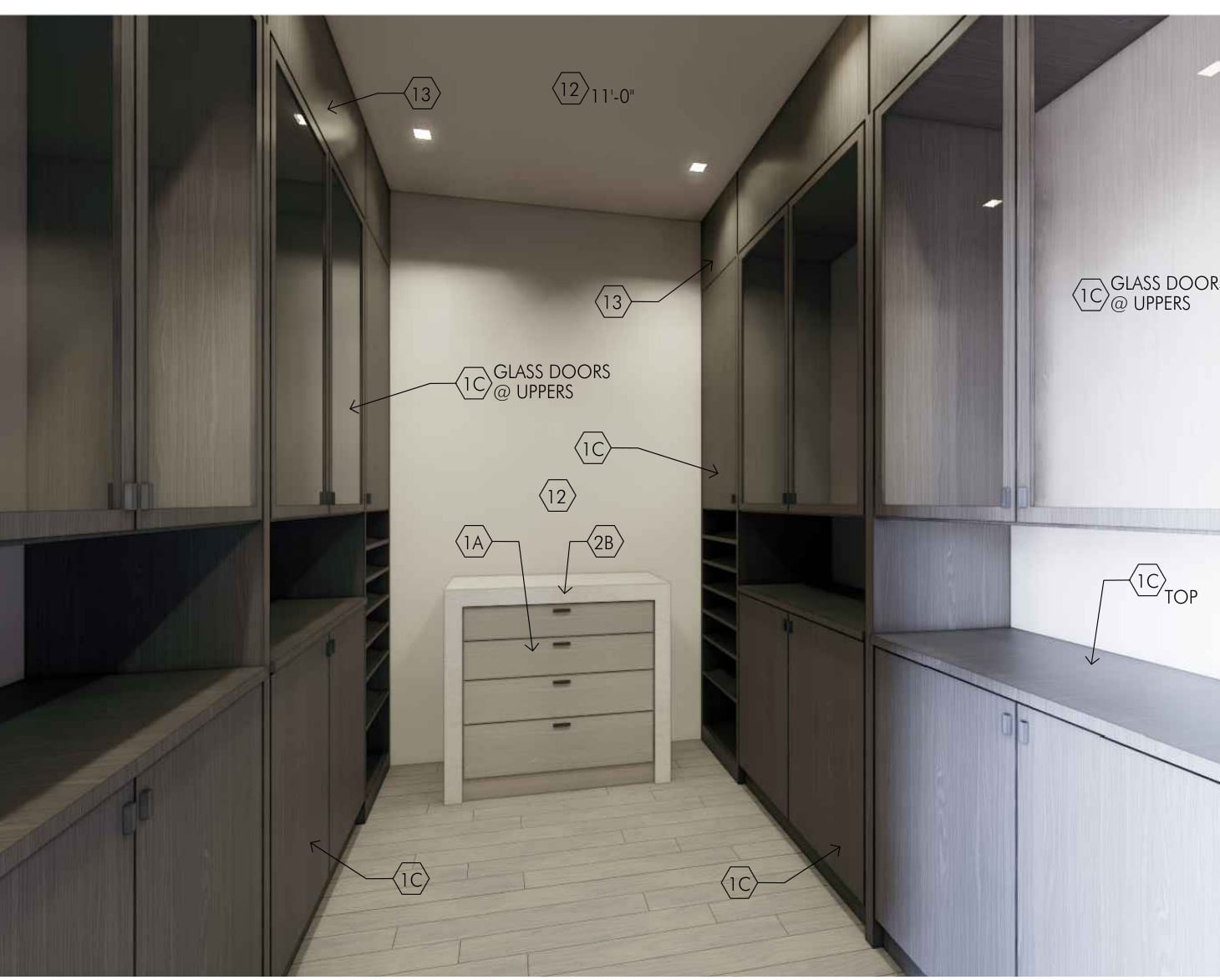 Architect's rendering of a fitted walk-in closet in dark cabinetry with glass-fronted upper doors and open shoe shelving