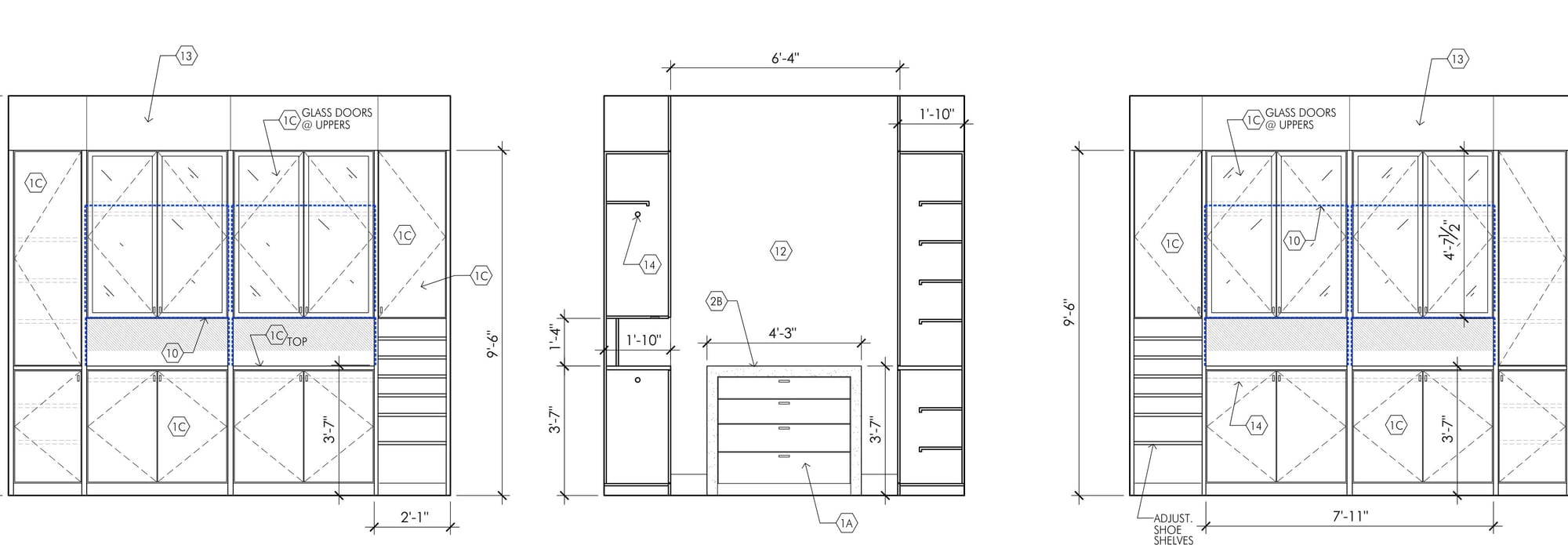 Three dimensioned interior elevations of a fitted walk-in closet, with material callouts