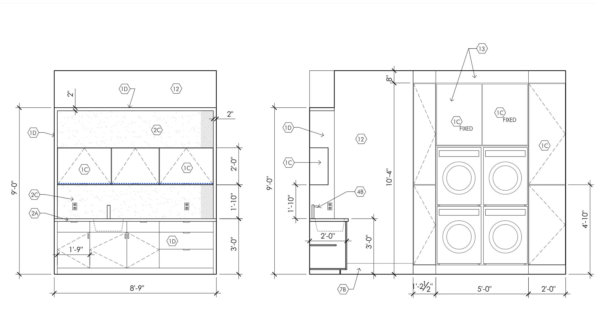 Two dimensioned laundry interior elevations showing fitted cabinetry around stacked appliances