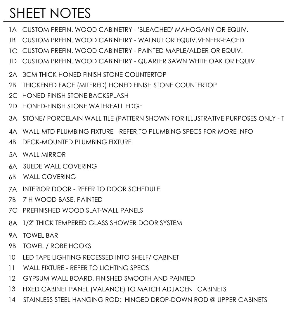 The sheet-notes material schedule, listing bleached mahogany, walnut veneer-faced, painted maple and quarter-sawn white oak cabinetry