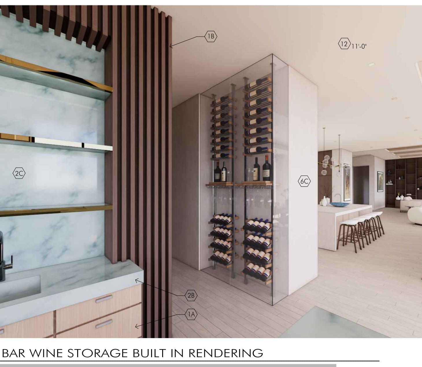 Architect's rendering of a built-in wine store: a slatted wood wall, glazed racking and a stone-topped counter, each material carrying a numbered tag